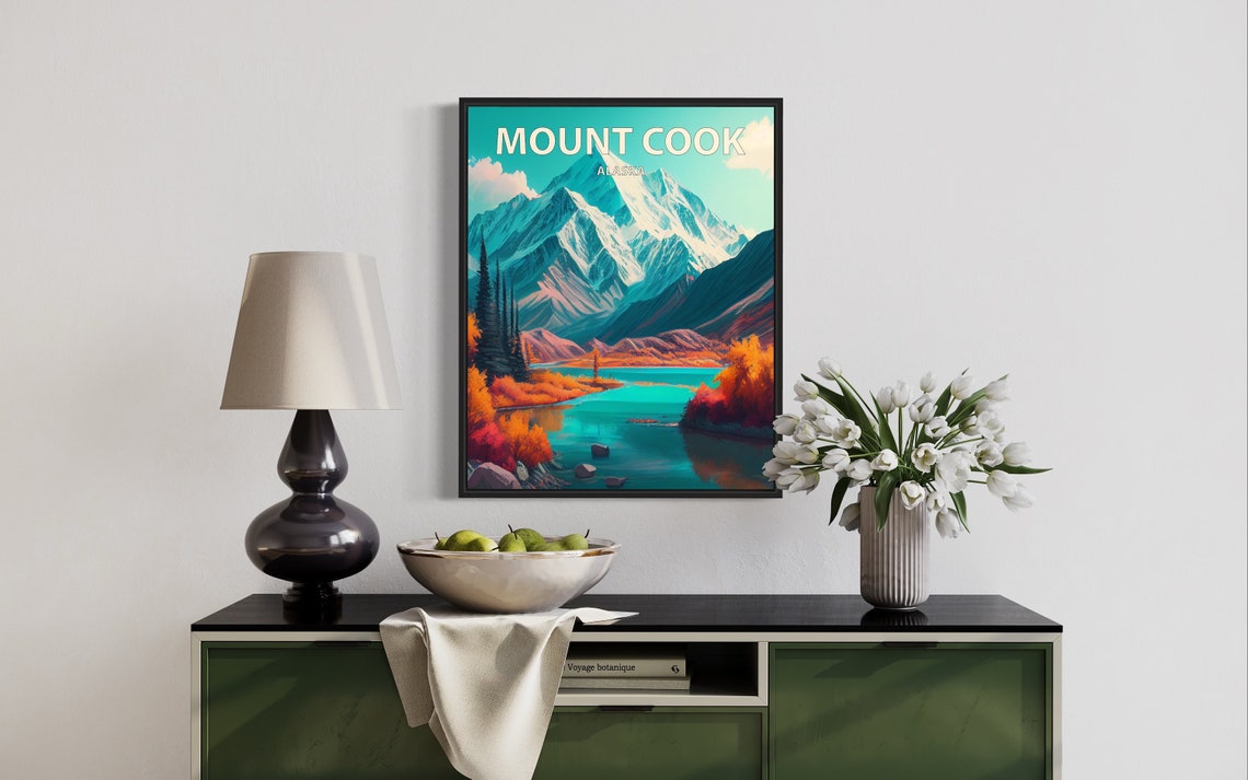 Mount Cook Alaska Turquoise Lake Snowy Peak Autumn Retro Travel Poster - Image 3