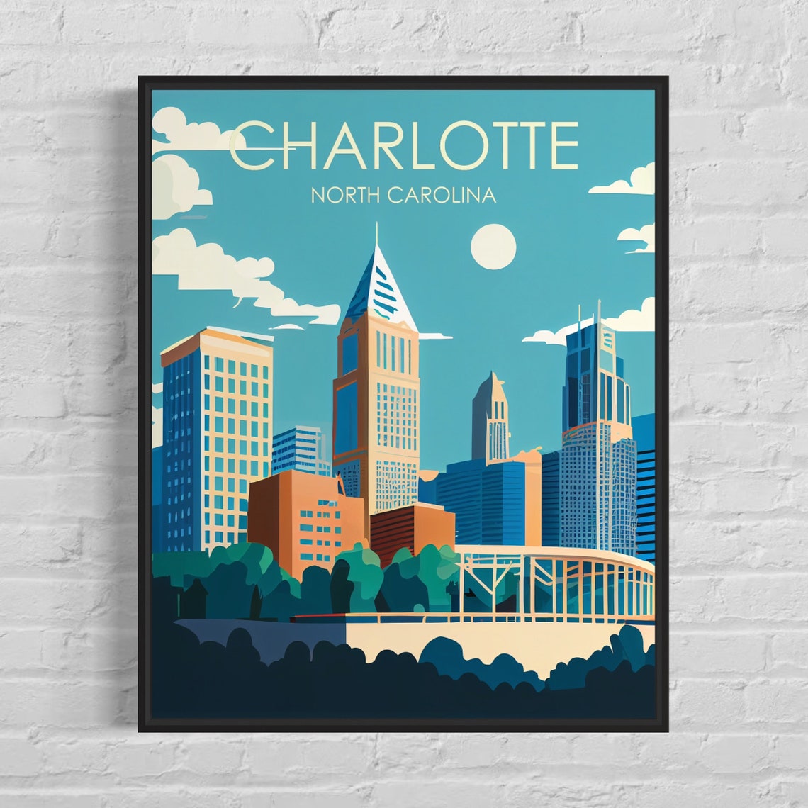 Charlotte North Carolina Retro Downtown Skyline Travel Poster