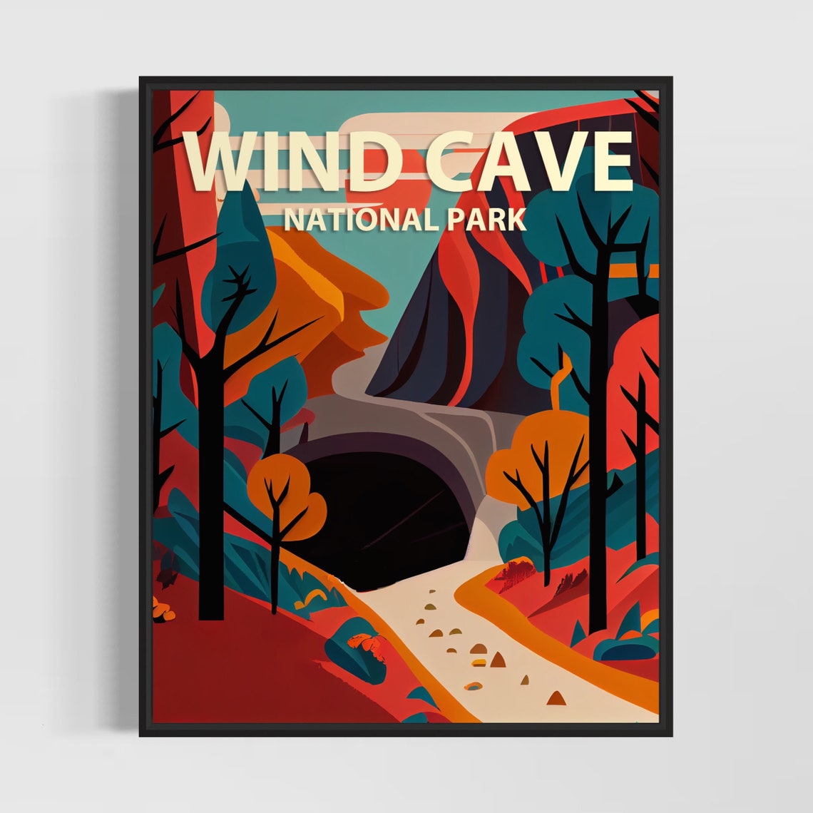 Wind Cave National Park Dark Cavern Entrance Forest Retro Poster