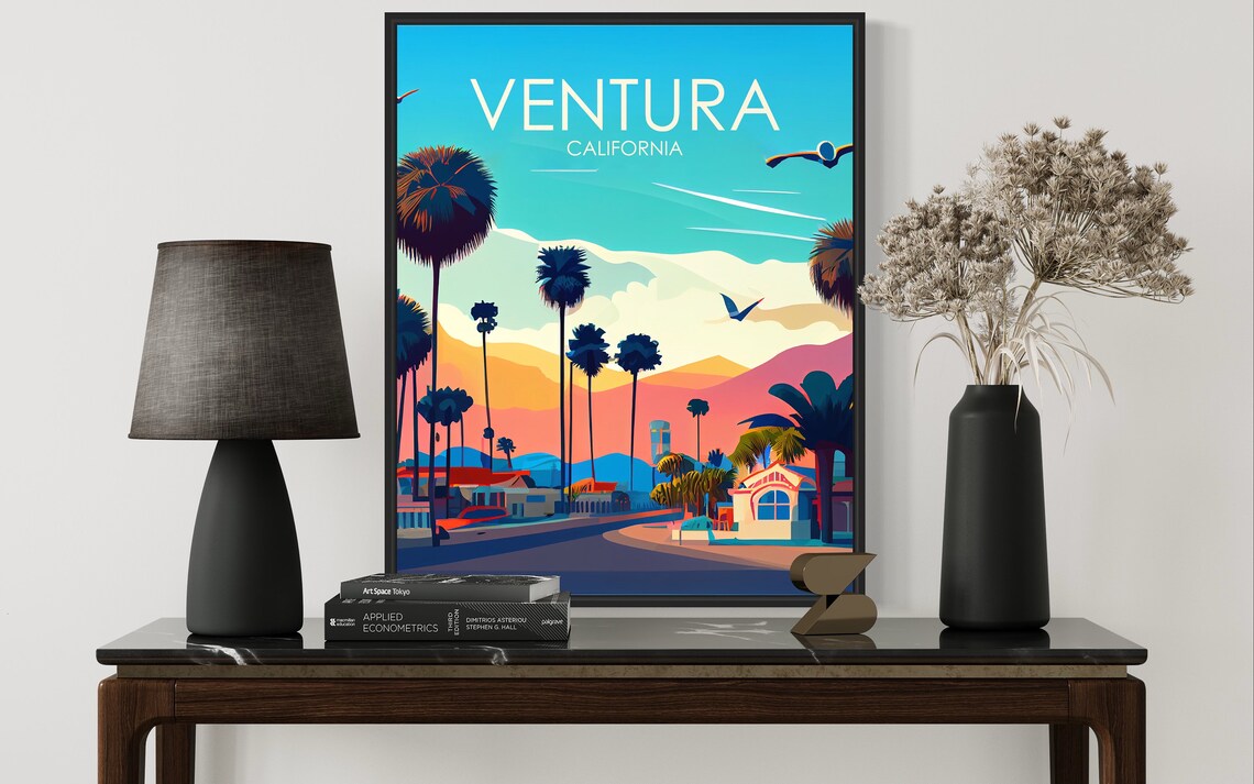 Ventura California Silhouetted Palm Tree Sunset Street Retro Poster - Image 3