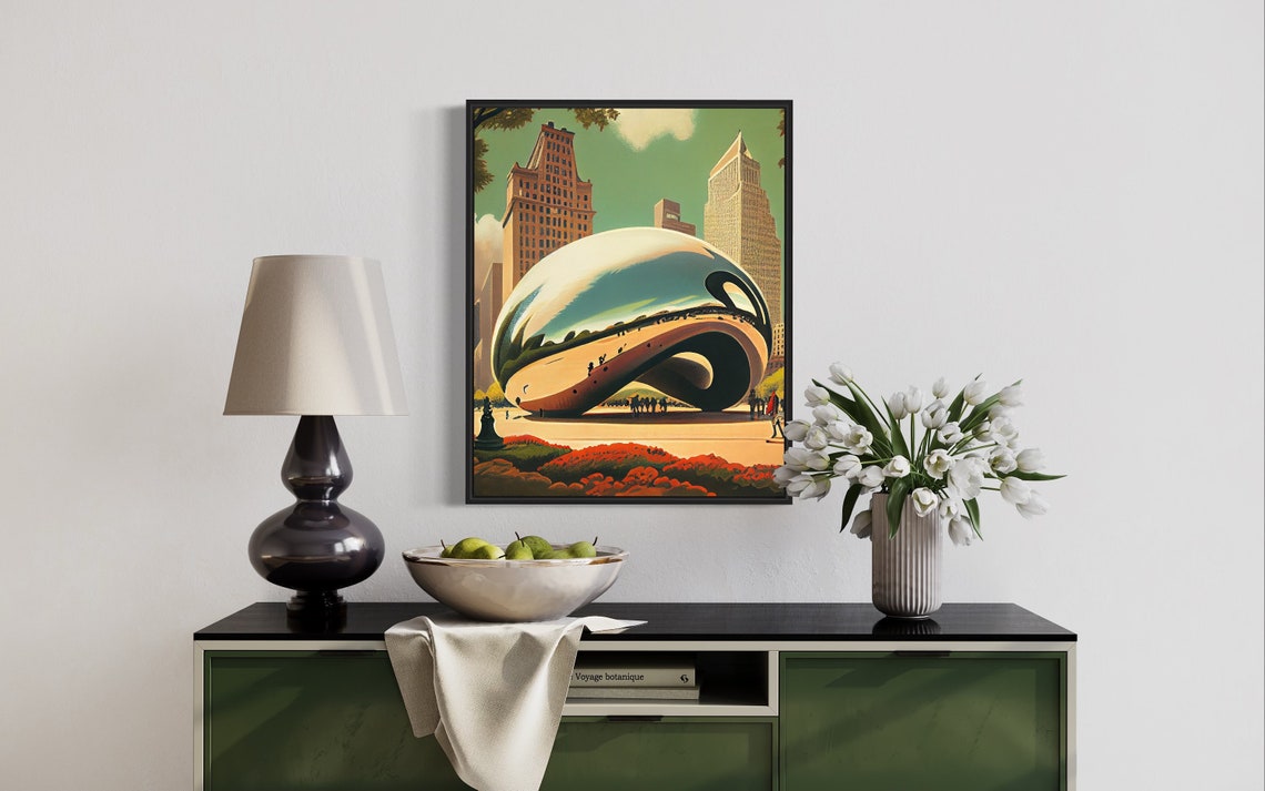 Chicago Cloud Gate Millennium Park Vintage Downtown Skyline Poster - Image 2