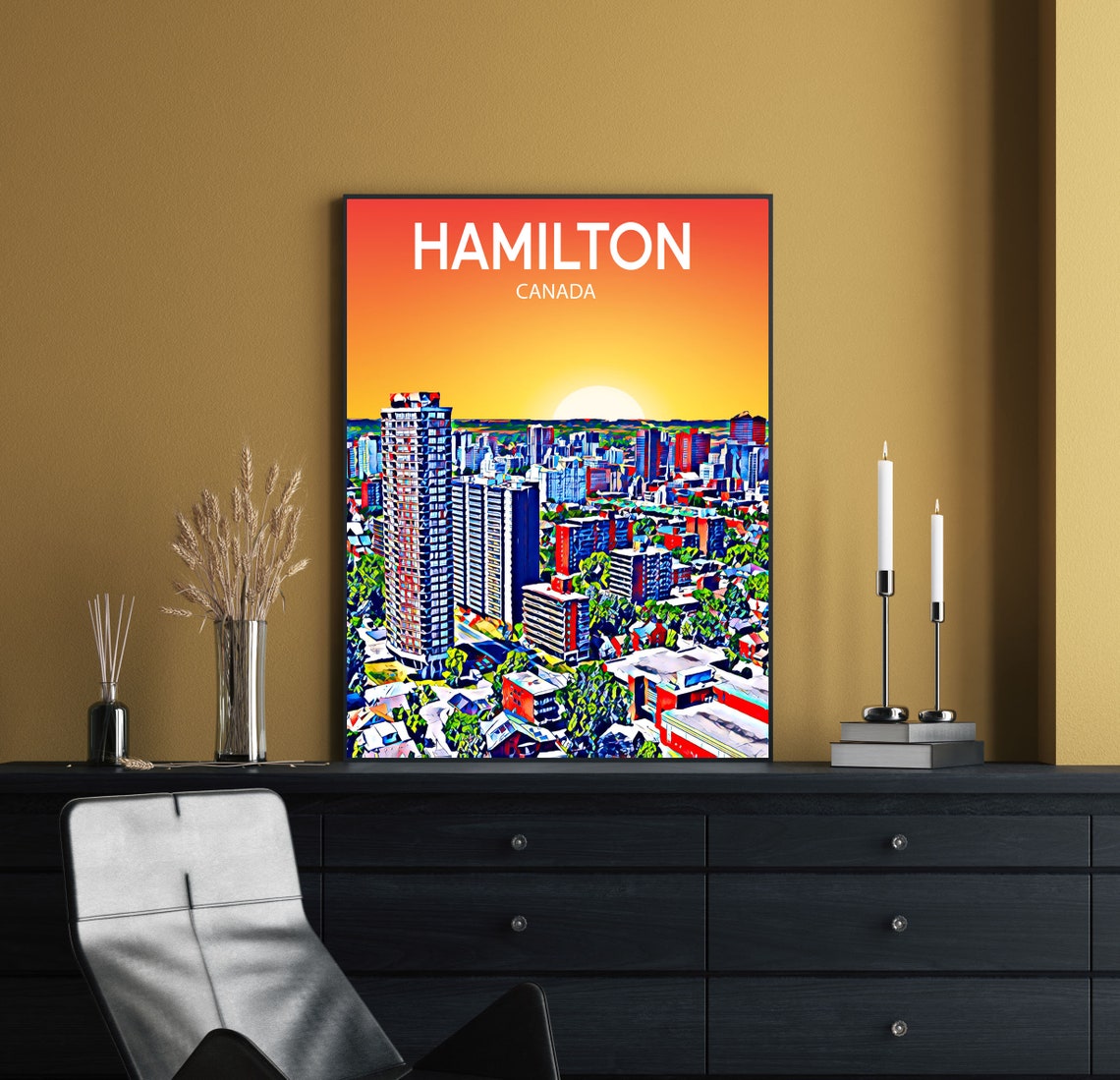 Hamilton Canada Sunset City Skyline Tower Blocks Sketch Poster - Image 2