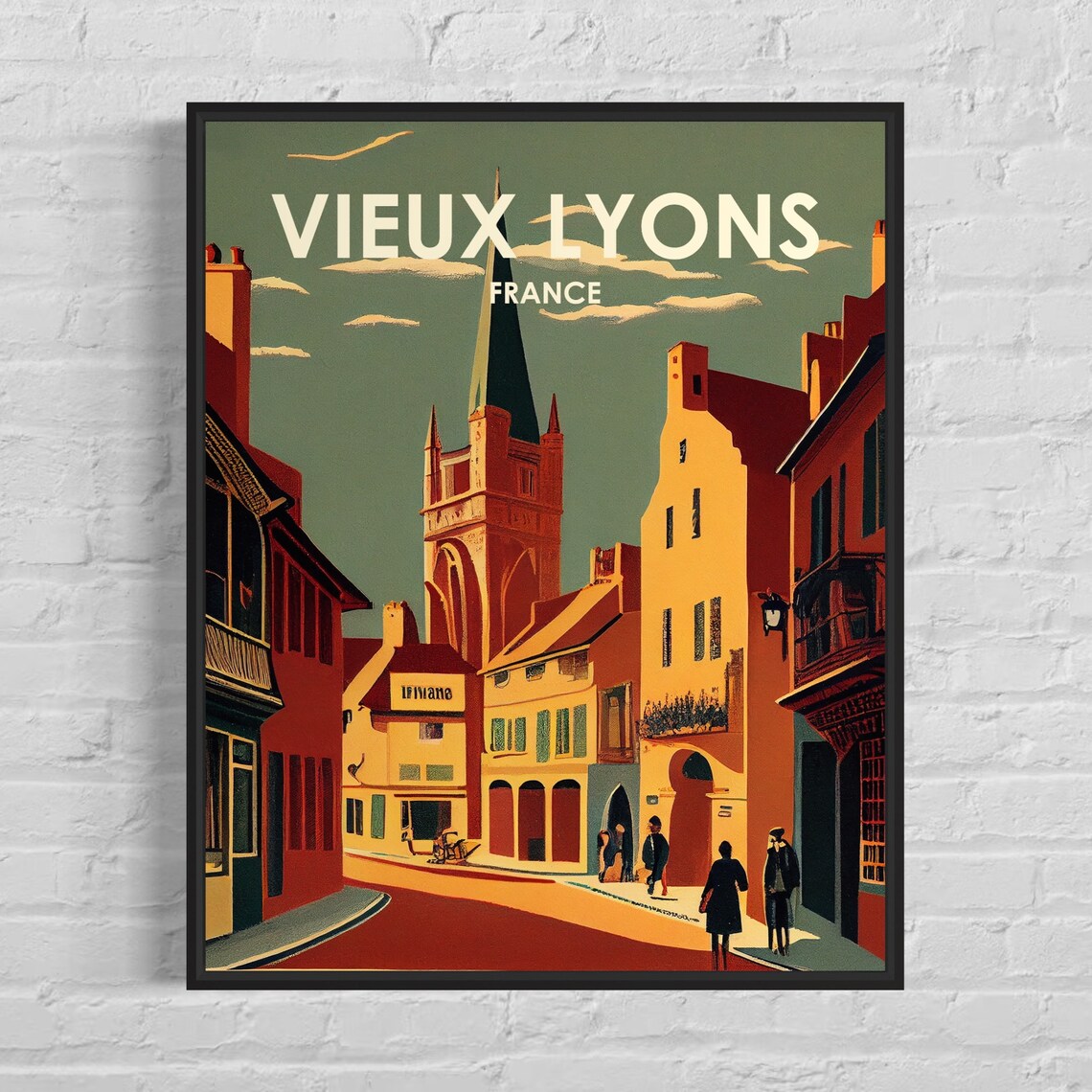 Vieux Lyon France Old Town Evening Street Retro Travel Poster
