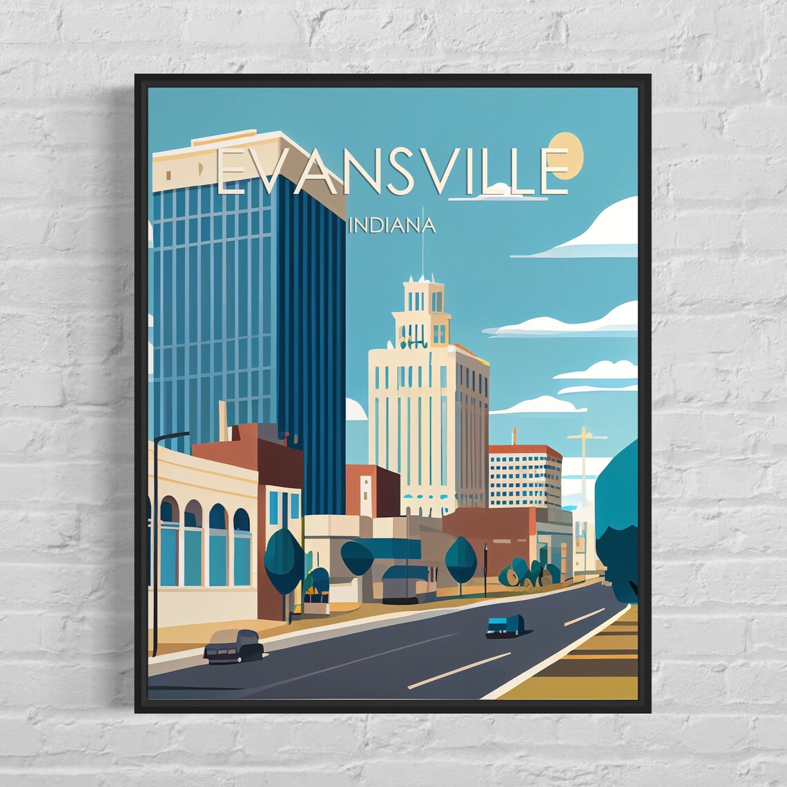 Sunny Evansville Indiana Downtown Towers Street Retro Poster