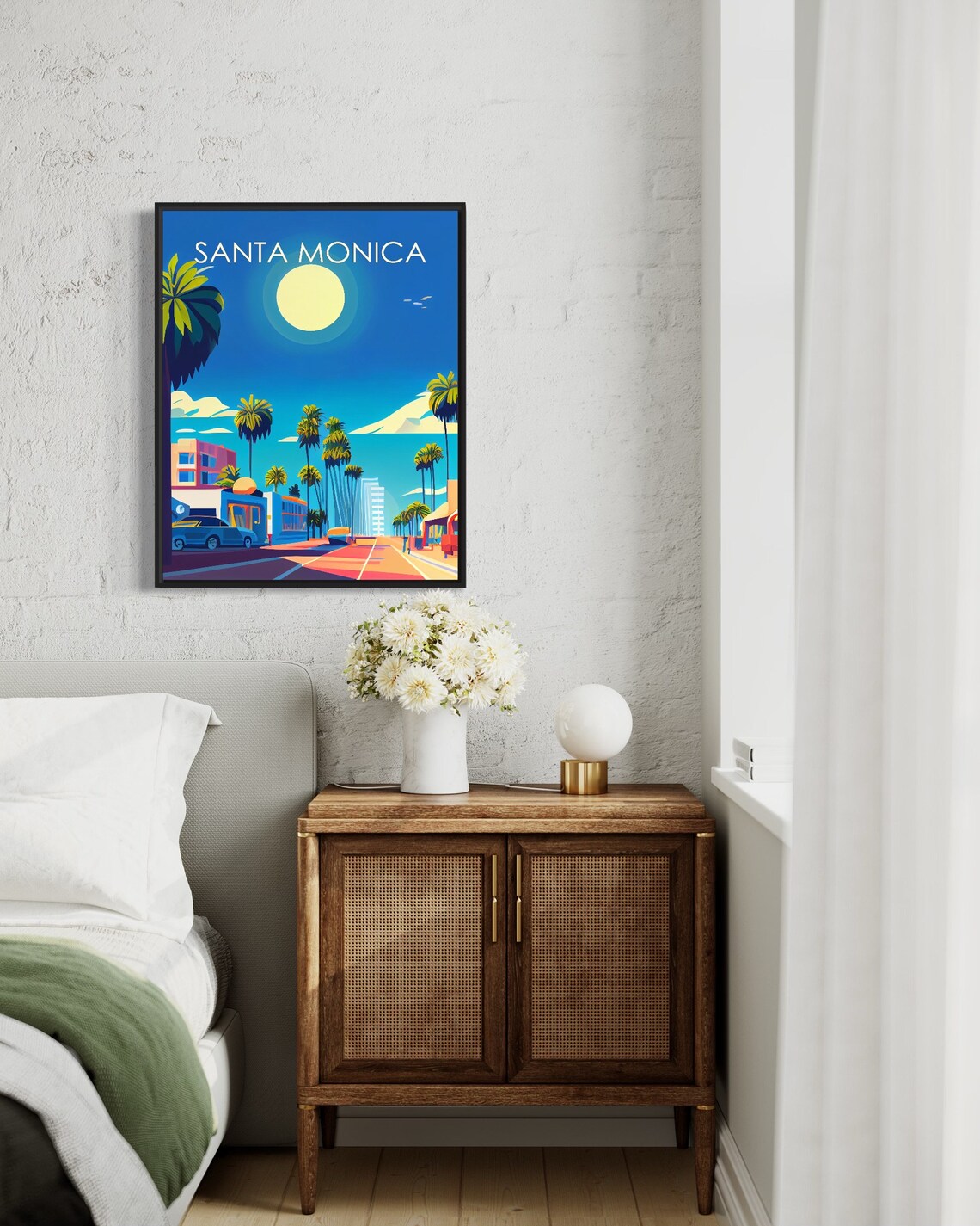 Santa Monica California Moonlit Palm Lined Street Retro Poster - Image 2