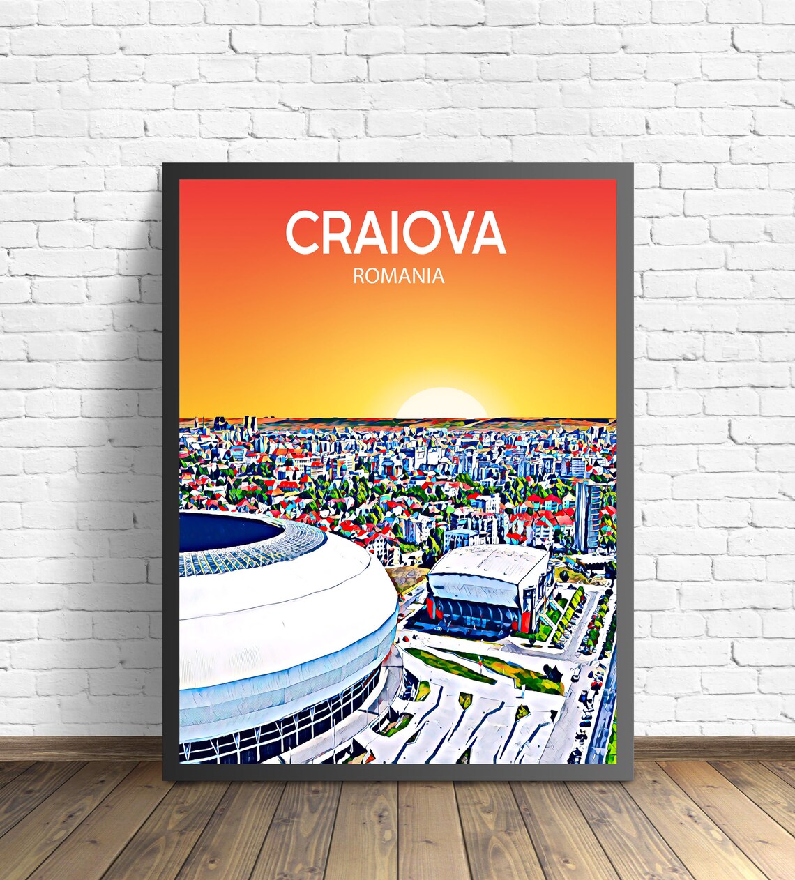 Craiova Romania Stadium Sunset Skyline Pop Art City Travel Poster