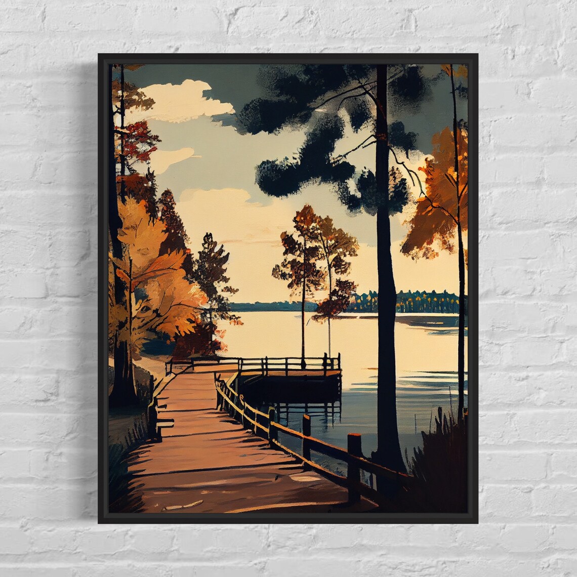 Serene Autumn Lake Wooden Dock Golden Sunset Landscape Art Poster