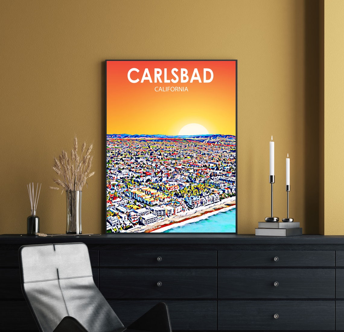 Vibrant Carlsbad California Sunset Aerial Cityscape Travel Poster - Image 2