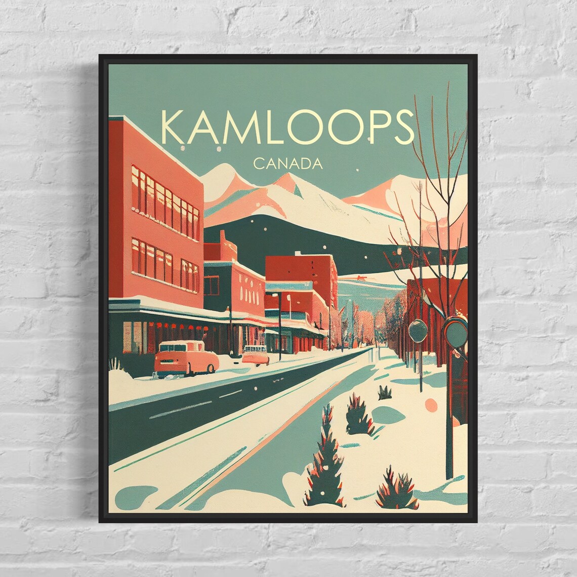 Kamloops Canada Snowy Main Street Mountain Retro Travel Poster