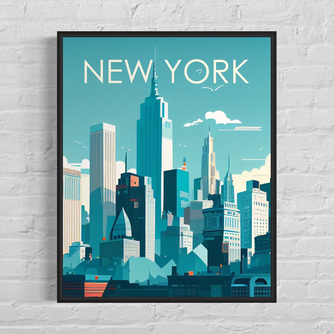 New York City Manhattan Skyline Daytime Vintage Travel Poster