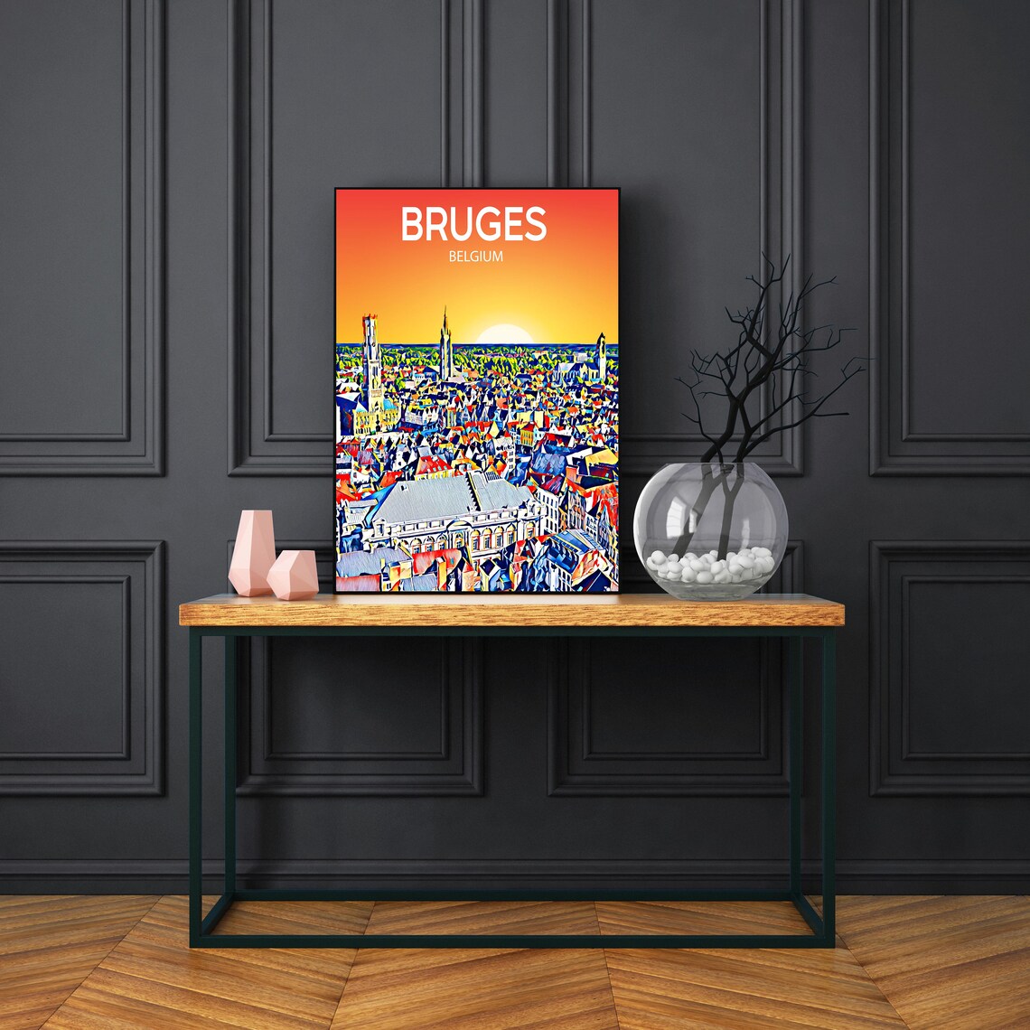 Bruges Belgium Sunset Skyline Belfry Towers Travel Poster Art - Image 3