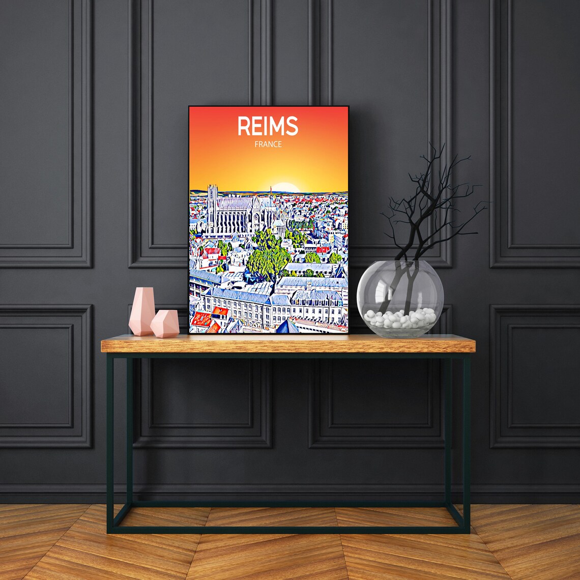 Reims France Art Poster Sunset Night Poster Art Print Reims City Modern Wall Art Colorful Skyline Photo Sketch - Image 3