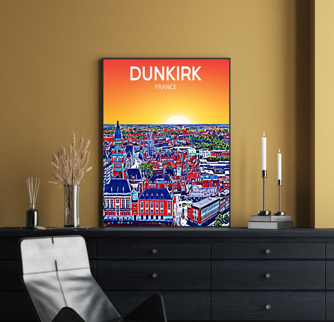 Dunkirk France Moonlit Night Skyline Pop Art City Travel Poster - Image 2