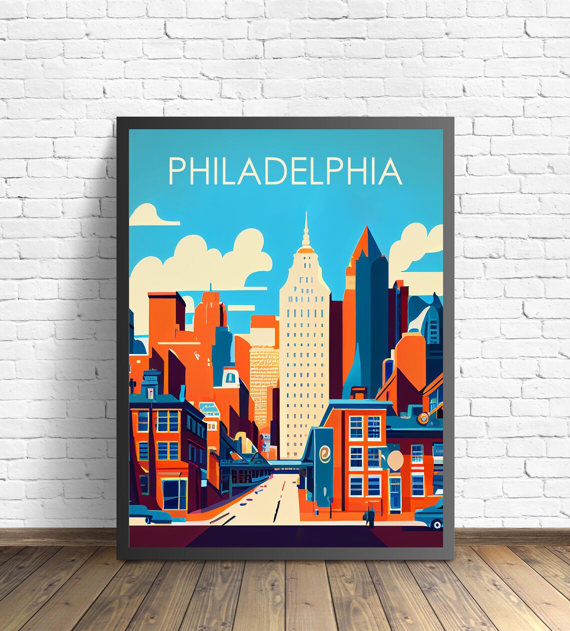 Philadelphia Downtown Skyline Street Classic Retro City Poster