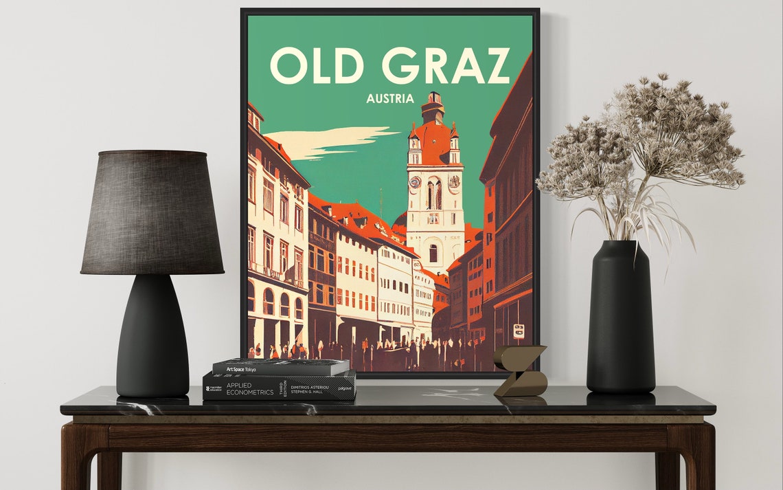 Old Graz Austria Street Scene with Clock Tower Retro Travel Poster - Image 2