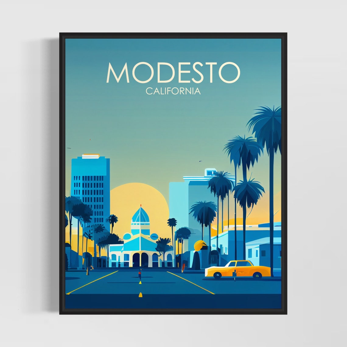 Modesto California Downtown Street Domed Hall Sunset Art Poster