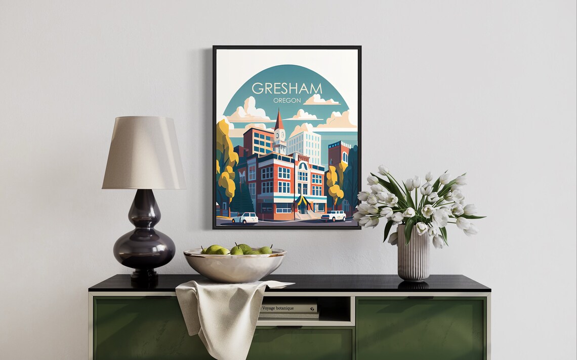 Gresham Oregon Downtown Clock Tower Retro Street Travel Poster - Image 3