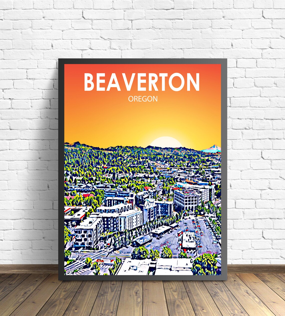 Beaverton Oregon Sunset Aerial City View Colorful Skyline Art Poster