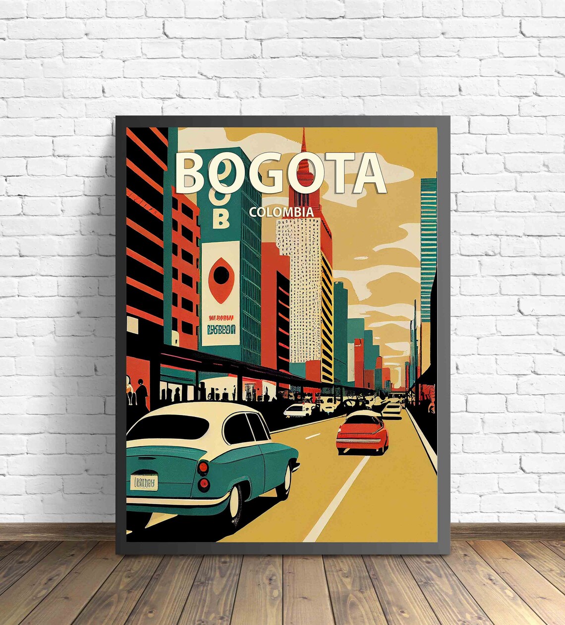 Bogota Colombia Vintage City Street Classic Cars Retro Art Poster