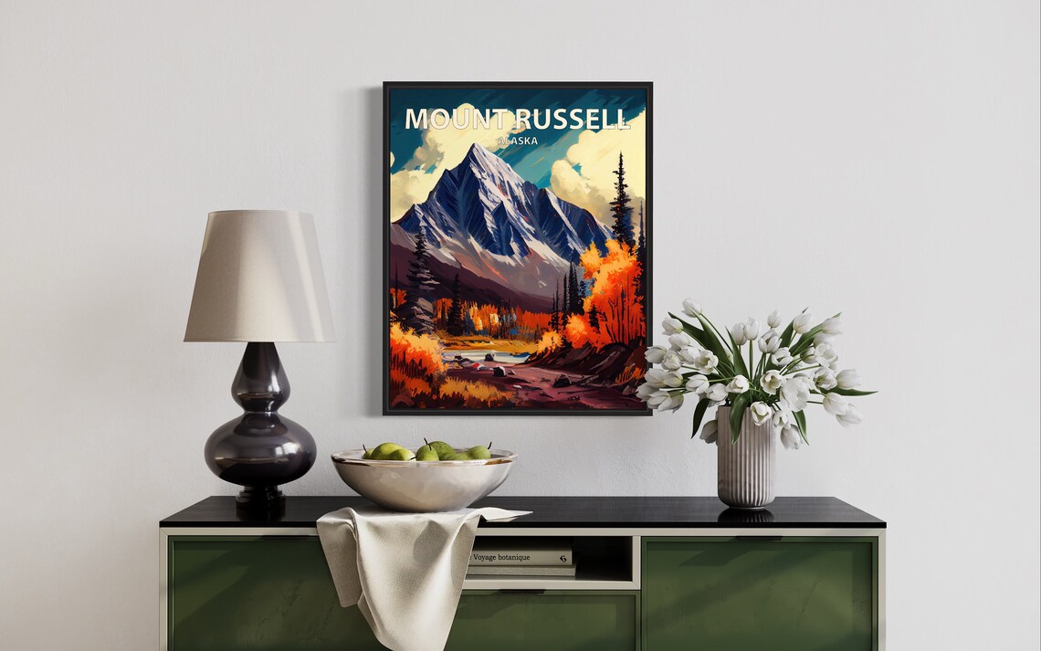 Mount Russell Alaska Jagged Snowy Peak Golden Larches Art Poster - Image 3