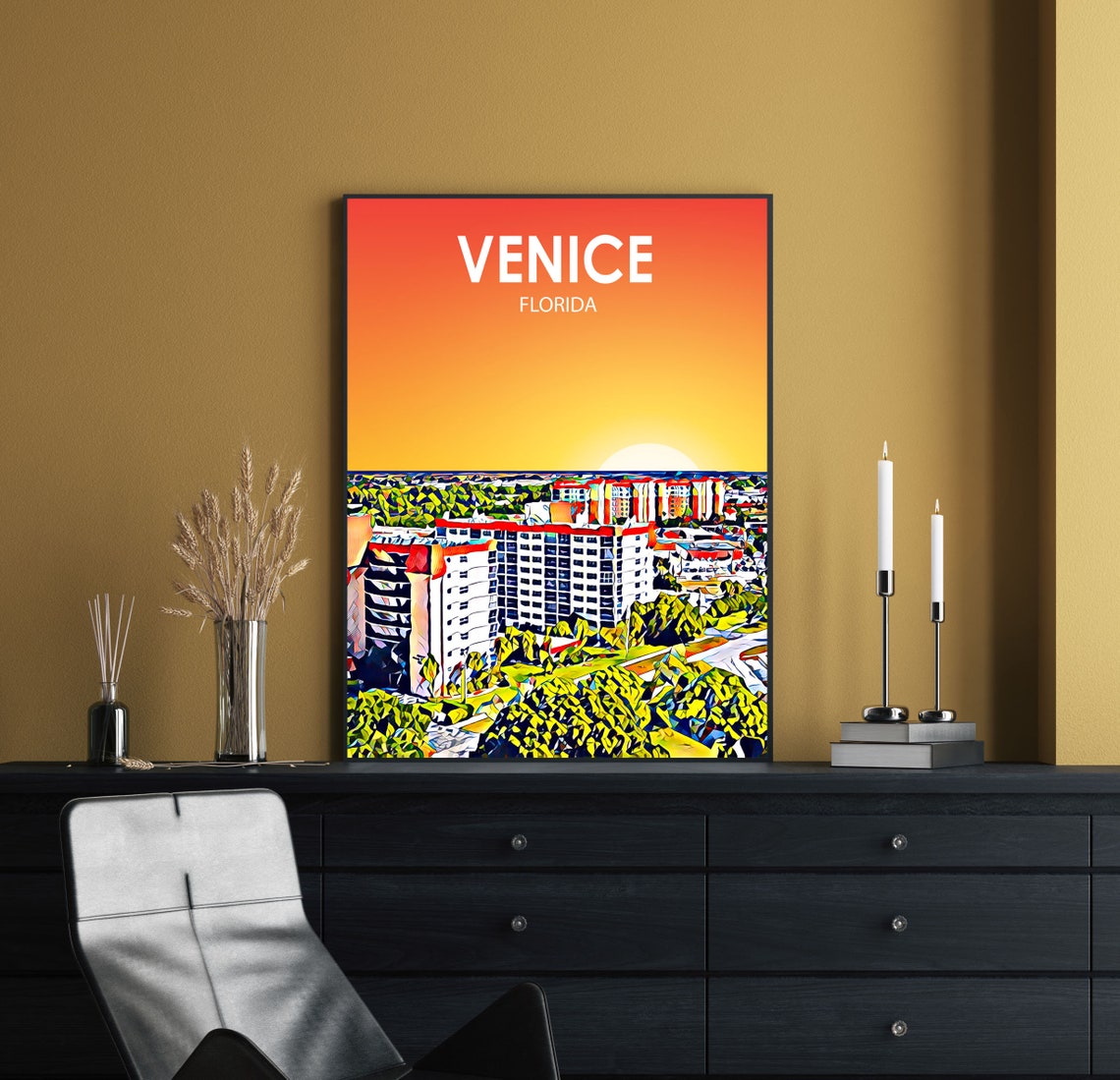 Venice Florida Sunset Residential Skyline Painted Artwork Poster - Image 2
