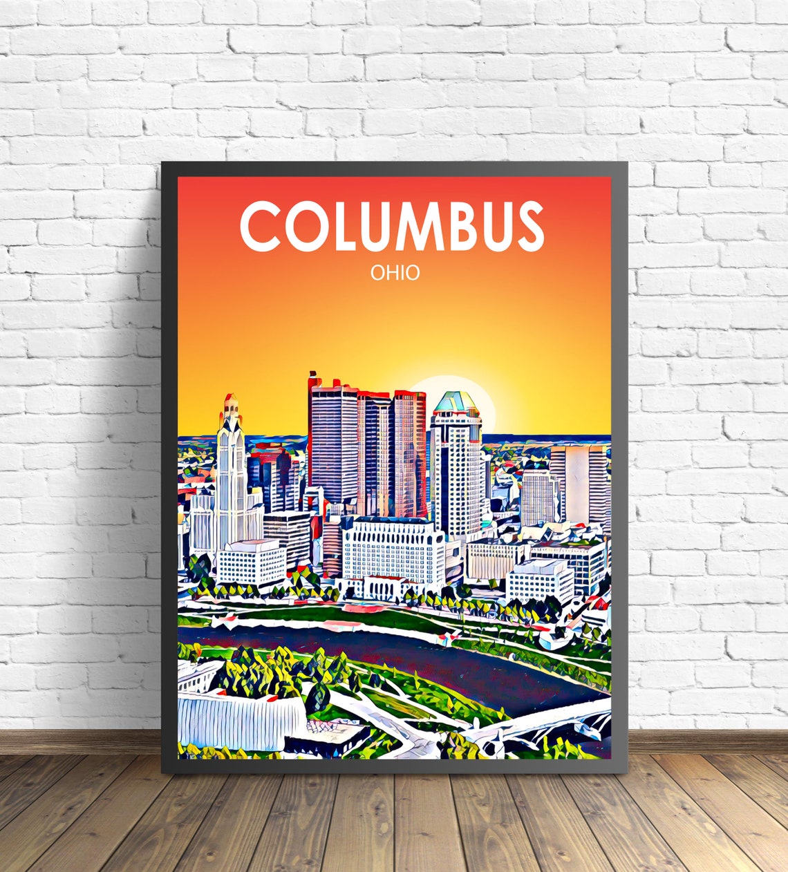 Columbus Ohio Sunset Skyline River Downtown Sketch Art Poster