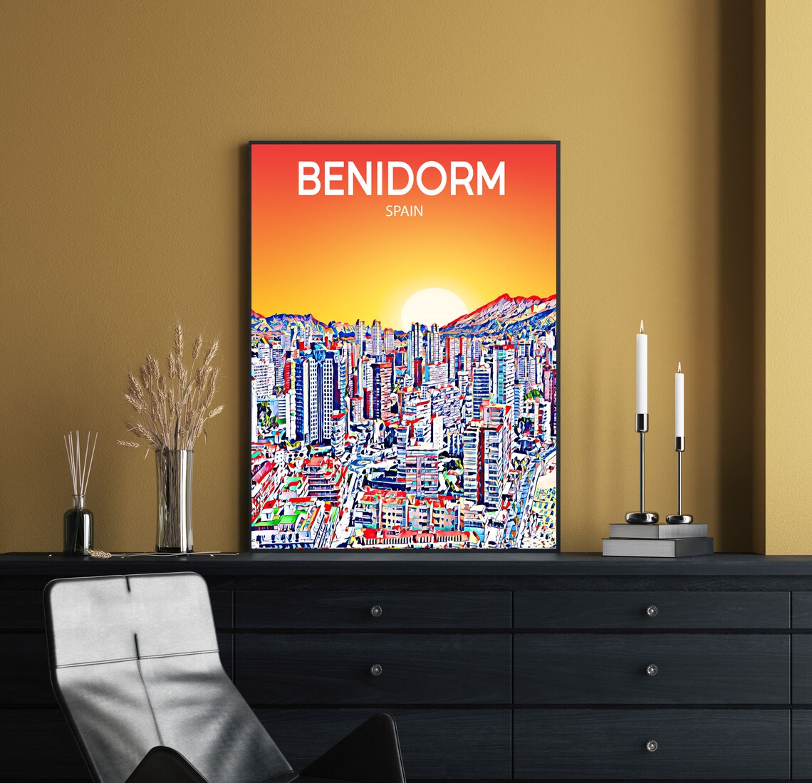Benidorm Spain Sunset Skyline High Rise Towers Travel Poster Art - Image 2