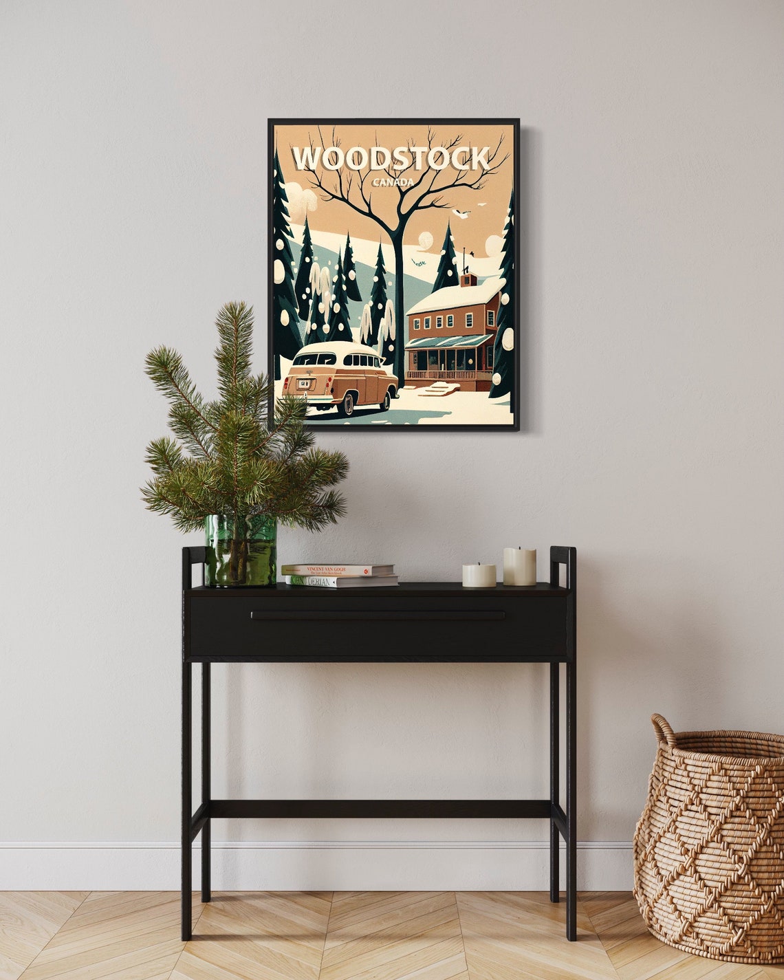 Woodstock Canada Retro Snowy Cabin Vintage Wagon Scene Poster - Image 2