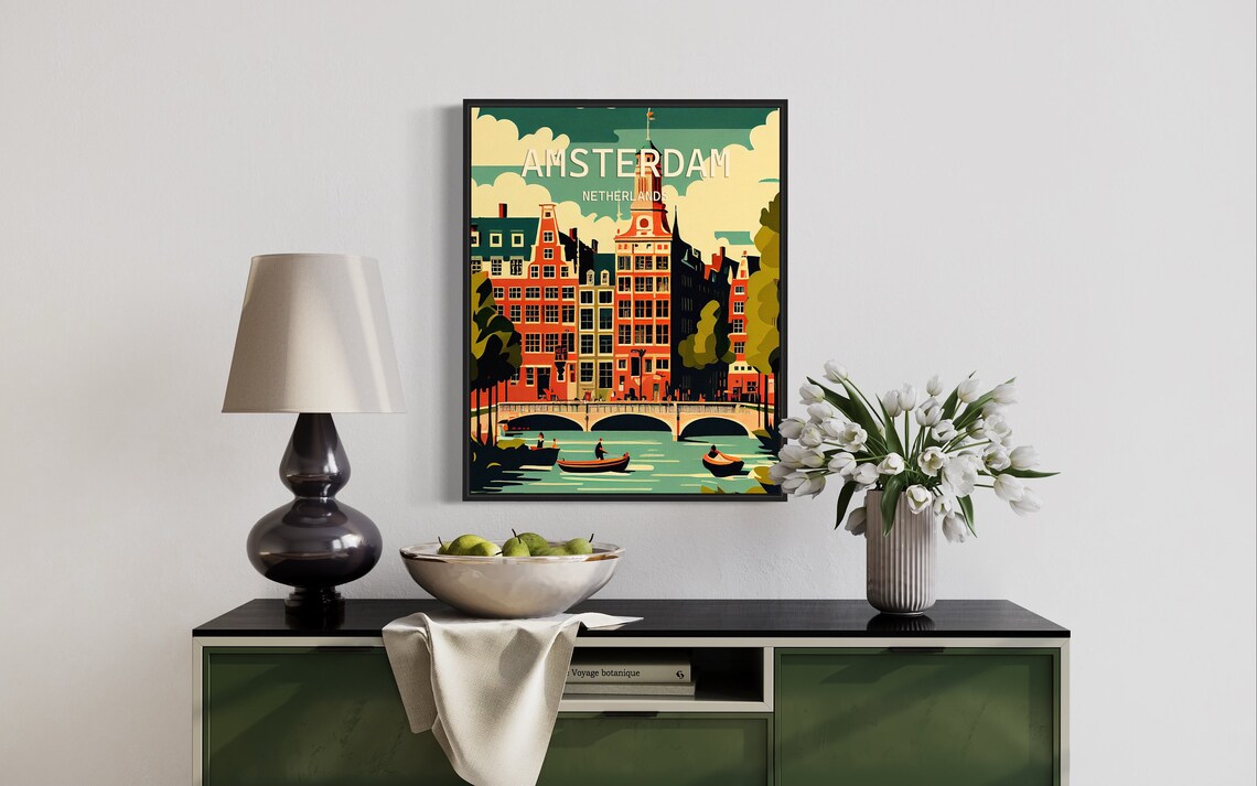 Amsterdam Netherlands Canal Bridge Wooden Boats Vintage Poster - Image 3