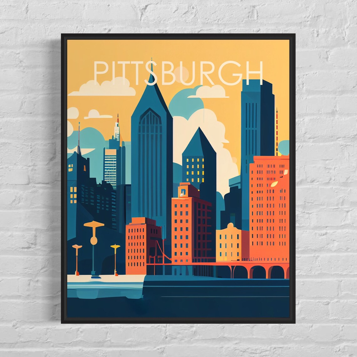 Pittsburgh Pennsylvania Golden Sunset Skyline Retro Travel Poster