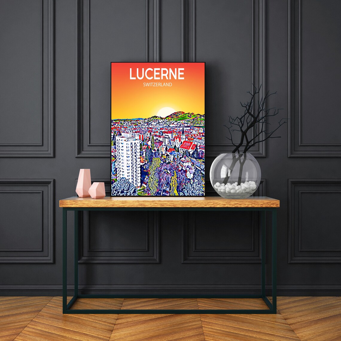 Lucerne Switzerland Sunset Skyline Vibrant Mosaic Cityscape Art Poster - Image 3