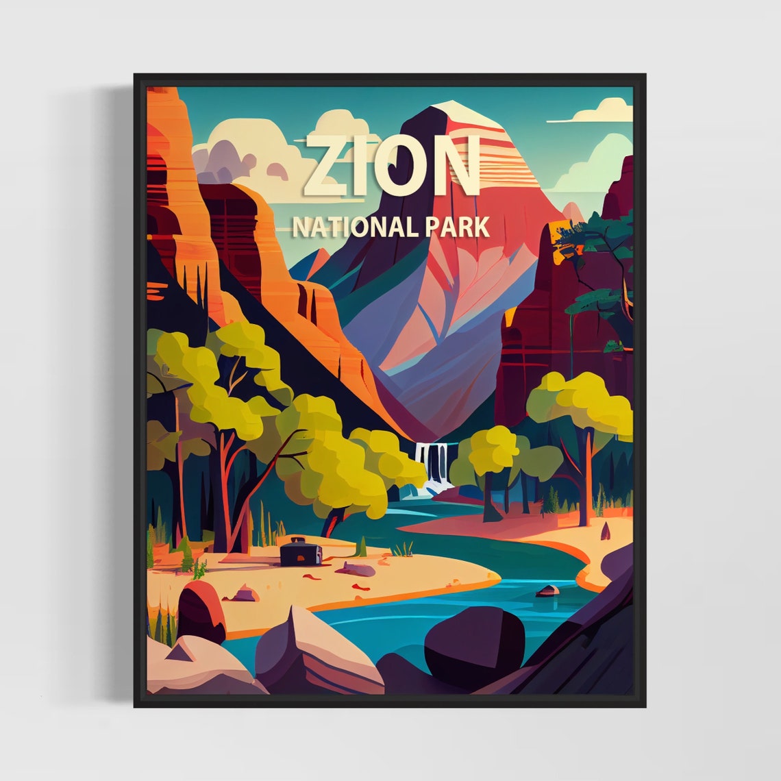 Zion National Park Red Rock Canyon River Bend Scenic Travel Poster