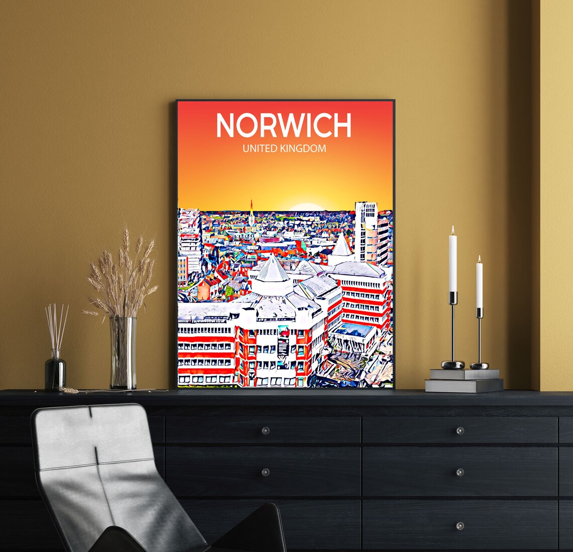 Norwich England City Center Sunset Skyline Panorama Travel Poster - Image 2