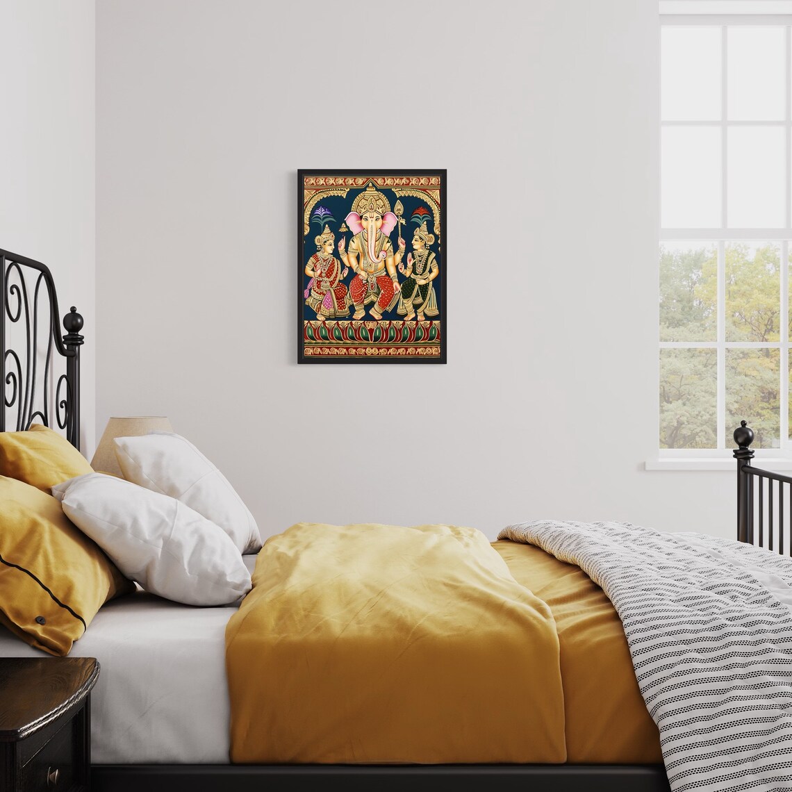 Lord Ganesha With Attendants in Ornate Gold Tanjore Art Poster - Image 3