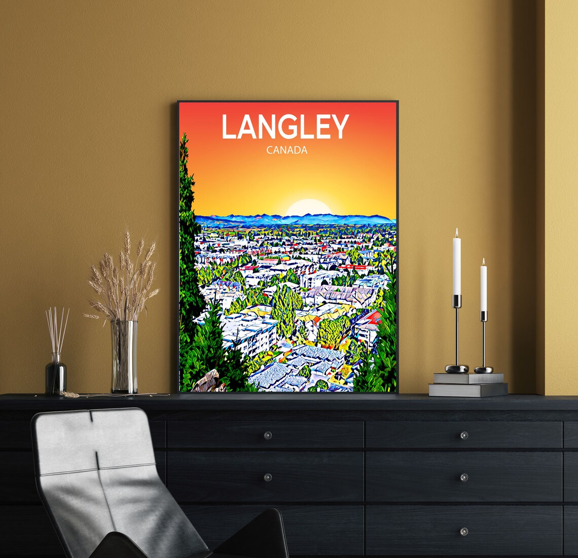 Langley Canada Sunset Skyline Vibrant Mosaic Cityscape Art Poster - Image 2