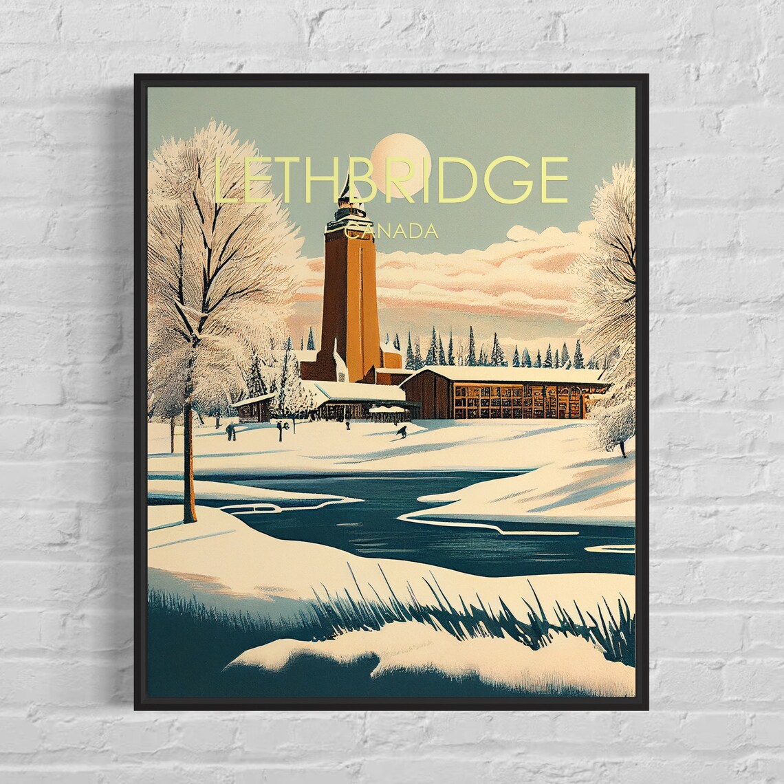 Lethbridge Canada Snowy Tower Lake Winter Retro Travel Poster