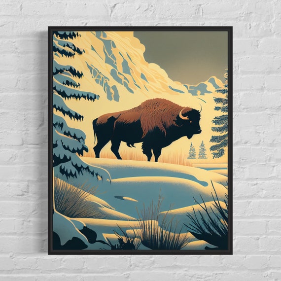 Bison Winter Snowy Mountain Valley Vintage Wildlife Animal Art Poster