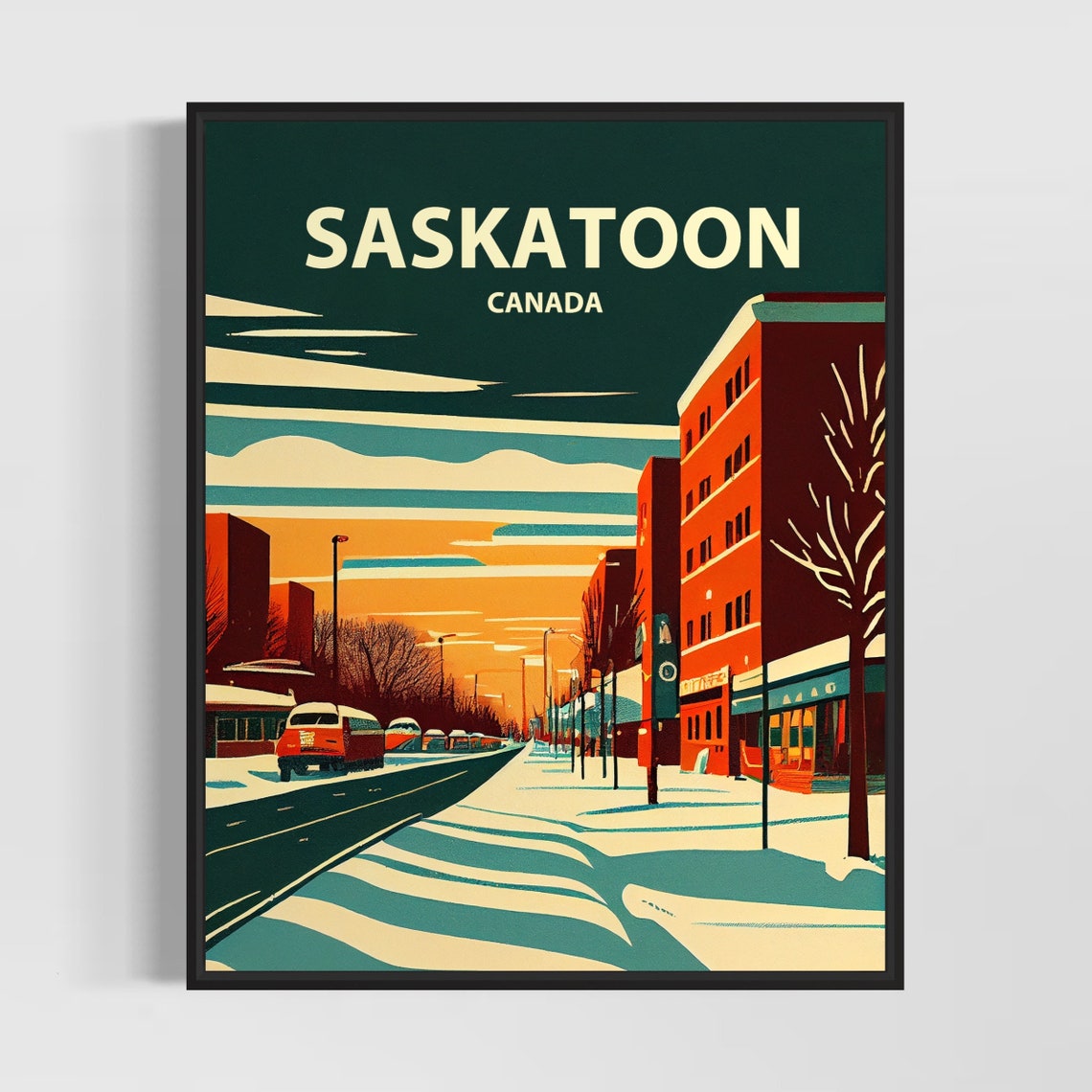 Saskatoon Canada Winter Snowy Downtown Street Scene Retro Poster