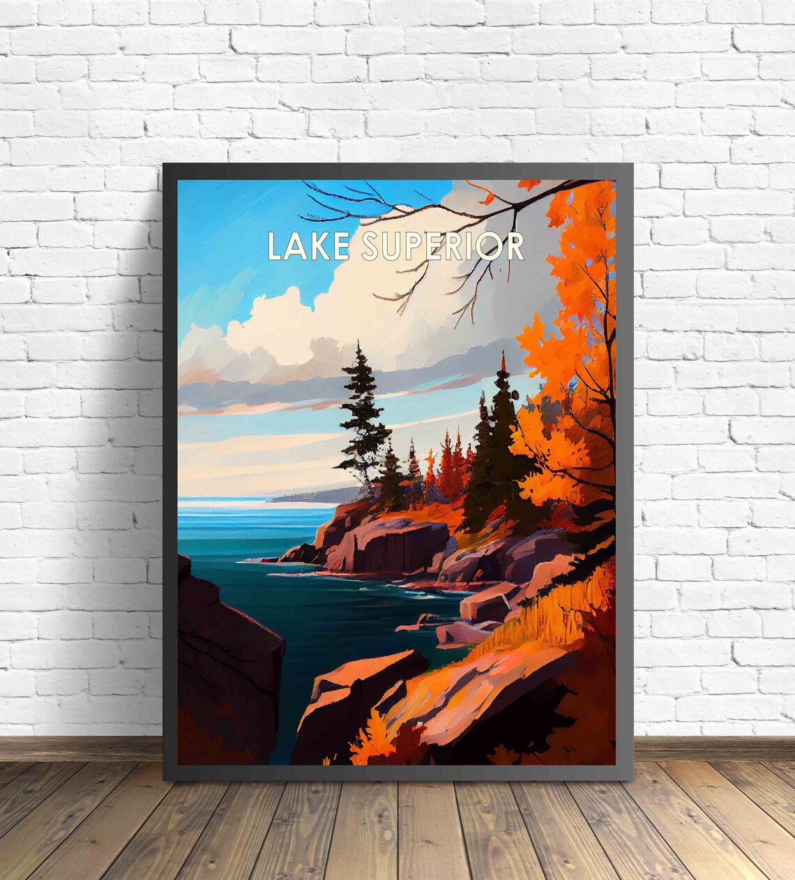 Lake Superior Autumn Cliff Rocky Coast Golden Foliage Vintage Poster