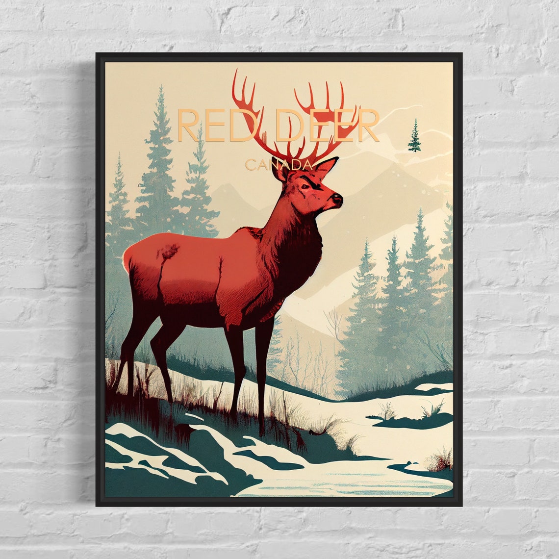 Red Deer Canada Winter Stag Pine Forest Wildlife Travel Poster