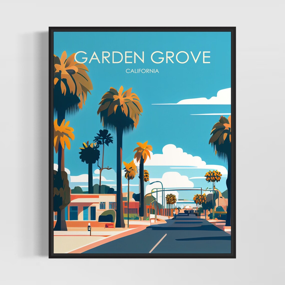 Garden Grove California Palm Lined Boulevard Retro Travel Poster