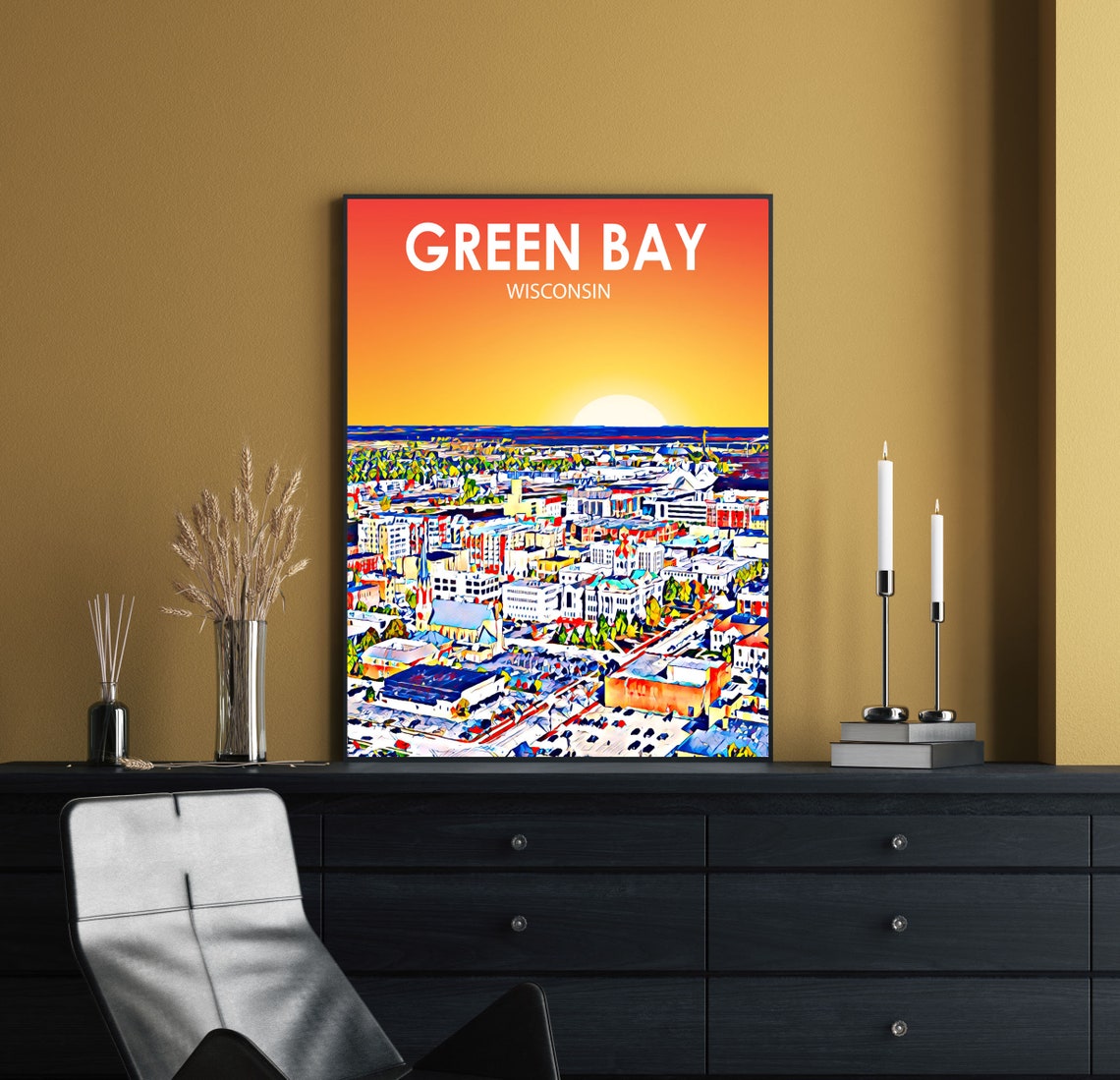 Green Bay Wisconsin Sunset Colorful Aerial Cityscape Skyline Poster - Image 2