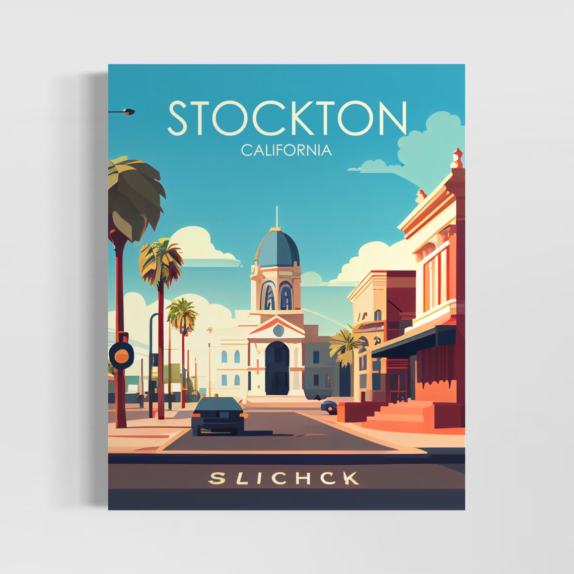 Stockton California Downtown Civic Dome Palm Travel Poster Artwork