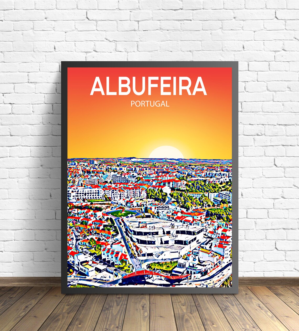 Albufeira Portugal Sunset Skyline Resort Sketch Travel Poster Art