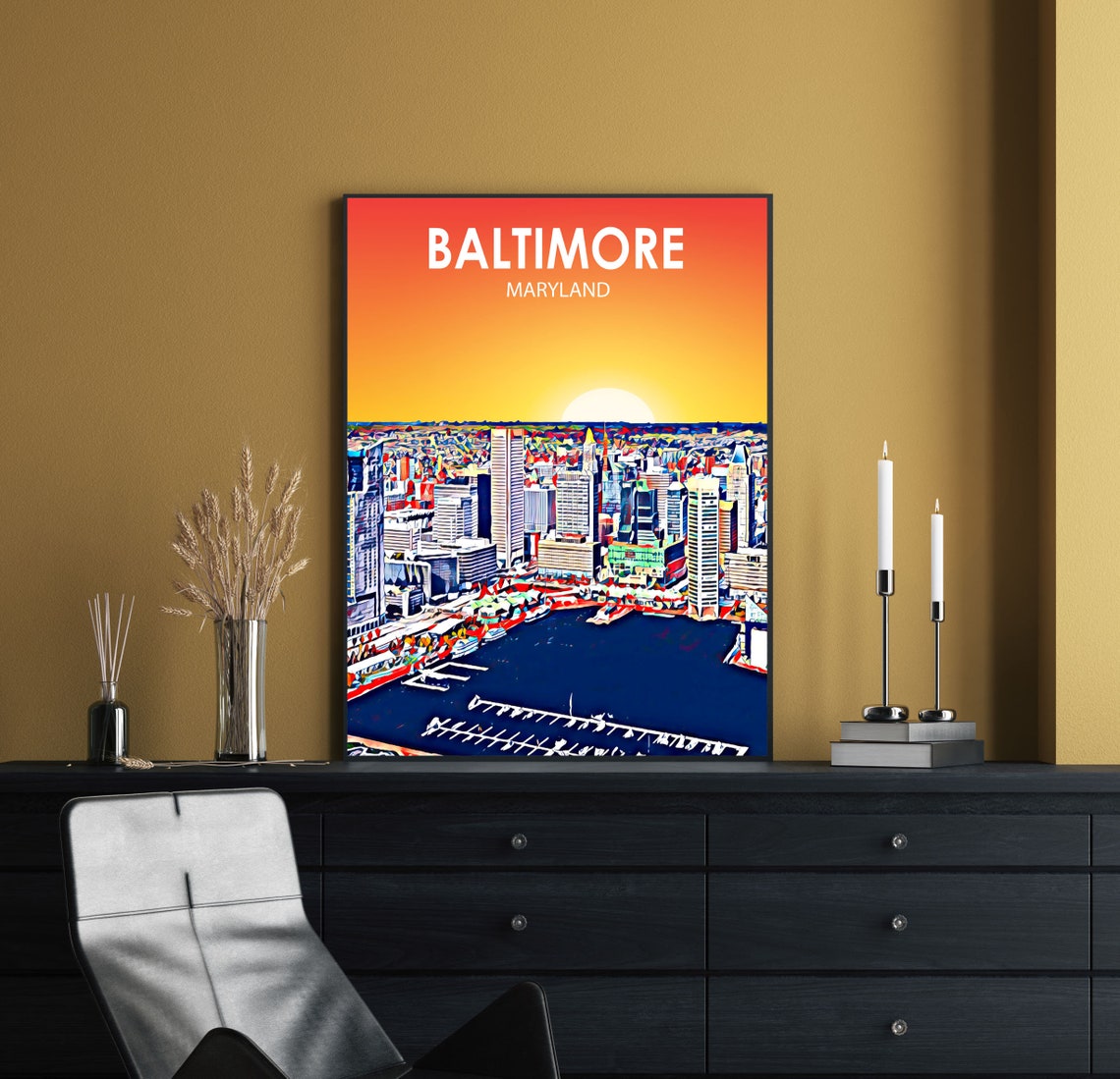 Baltimore Maryland Fiery Orange Sunset Harbor Skyline Art Poster - Image 2