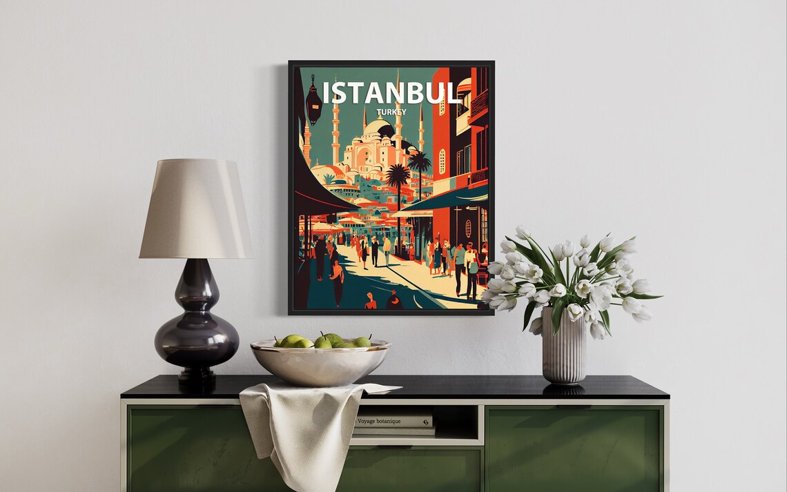 Istanbul Turkey Domed Mosque Street Scene Vintage Travel Poster - Image 3
