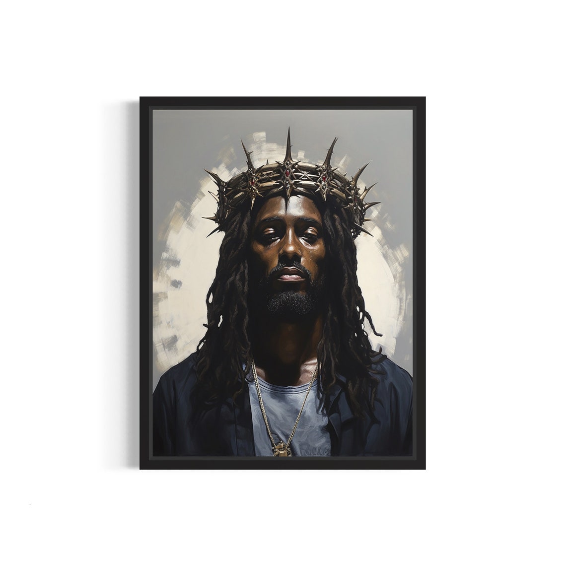 Black Jesus Crown of Thorns Sacred Portrait Religious Art Print