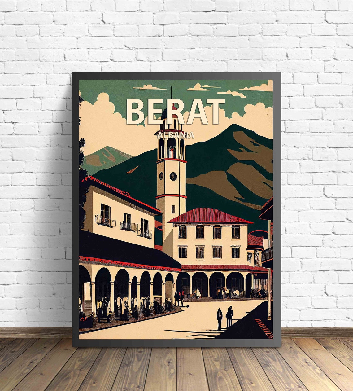 Berat Albania Retro Old Town Clock Tower Mountain Travel Poster Art