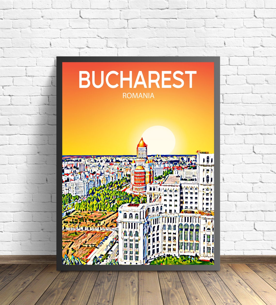 Bucharest Romania Sunset Grand Palace Boulevard Aerial Skyline Poster
