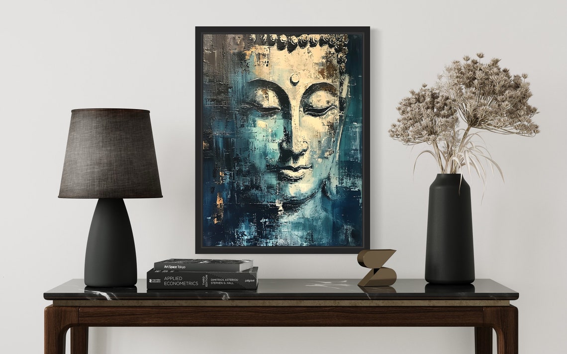Weathered Buddha Face in Blue-Grey Textured Abstract Art Poster - Image 2